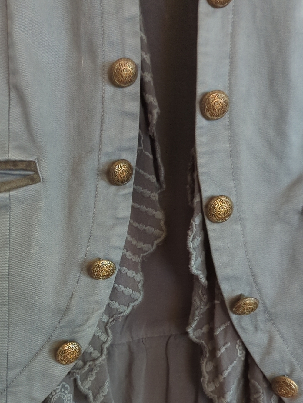 Sundance Gray Military-Style Jacket W/Decorative Charcoal Lace Trim